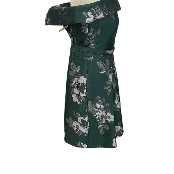 Eliza J Off the Shoulder Emerald Green Brocade Floral Belted Dress Sz 10 - Picture 4 of 16